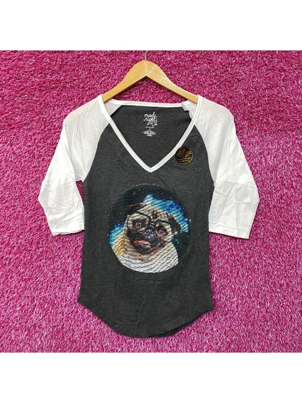 Pug in space baseball tee size medium
